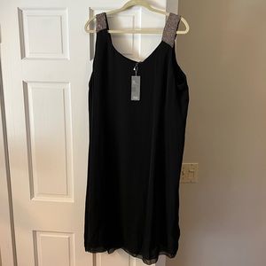 Eileen Fisher Beaded Floaty Georgette Black Silk Dress~ XL~ NWTS